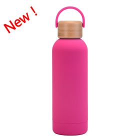 500ml Small Mouth Vacuum Cup Portable Handle Bamboo Wood Cover Water Cup Water Bottle (Option: Fluorescent Rose New Color-500ml)