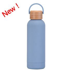 500ml Small Mouth Vacuum Cup Portable Handle Bamboo Wood Cover Water Cup Water Bottle (Option: Haze Blue New Color-500ml)