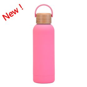 500ml Small Mouth Vacuum Cup Portable Handle Bamboo Wood Cover Water Cup Water Bottle (Option: Pink New Color-500ml)