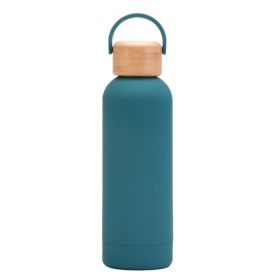 500ml Small Mouth Vacuum Cup Portable Handle Bamboo Wood Cover Water Cup Water Bottle (Option: Azure Stone Green-500ml)
