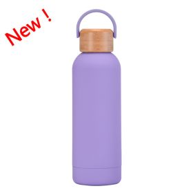 500ml Small Mouth Vacuum Cup Portable Handle Bamboo Wood Cover Water Cup Water Bottle (Option: Taro Purple New Color-500ml)