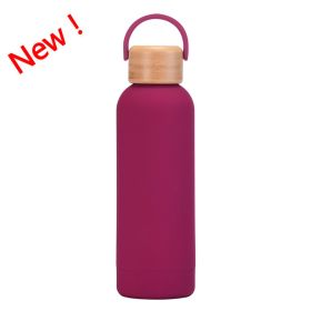 500ml Small Mouth Vacuum Cup Portable Handle Bamboo Wood Cover Water Cup Water Bottle (Option: Purplish Red New Color-500ml)